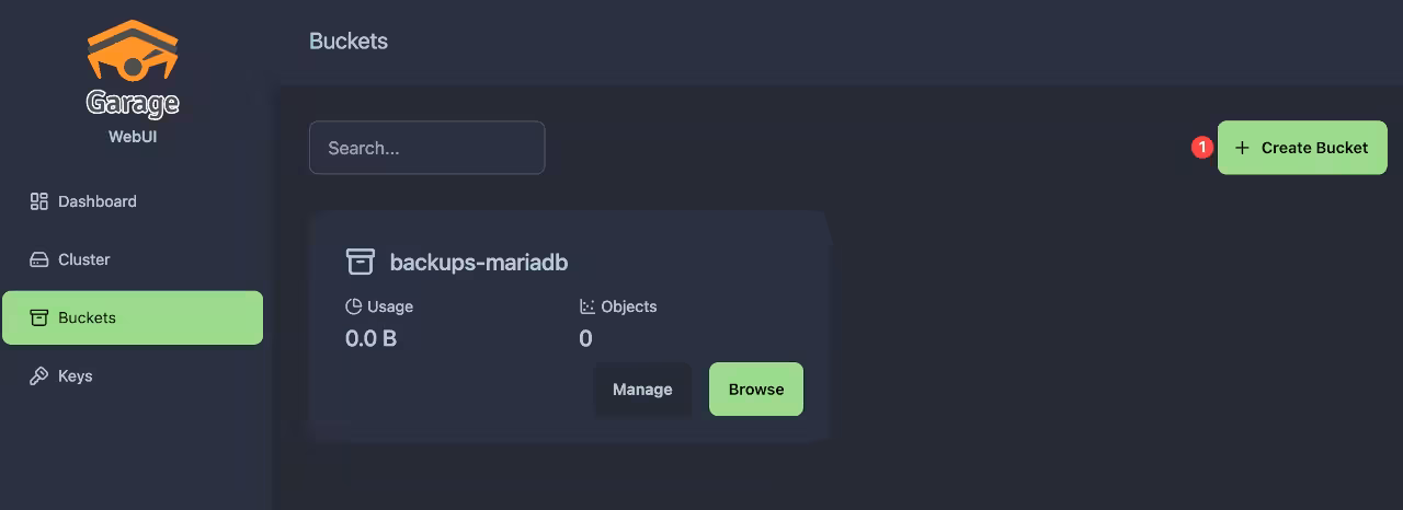 Garage Web UI create bucket