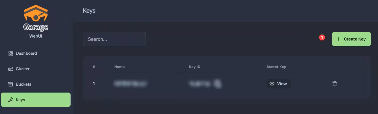 Garage Web UI create key